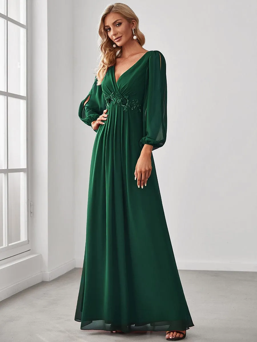 Iris | Elegant Chiffon V-Neckline Long Sleeve Wedding Guest Dress