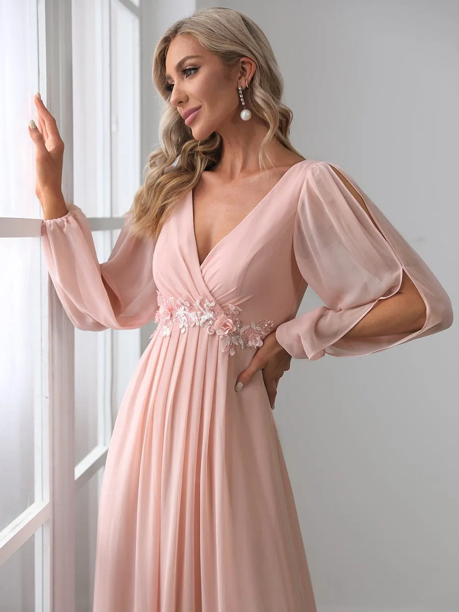 Iris | Elegant Chiffon V-Neckline Long Sleeve Wedding Guest Dress