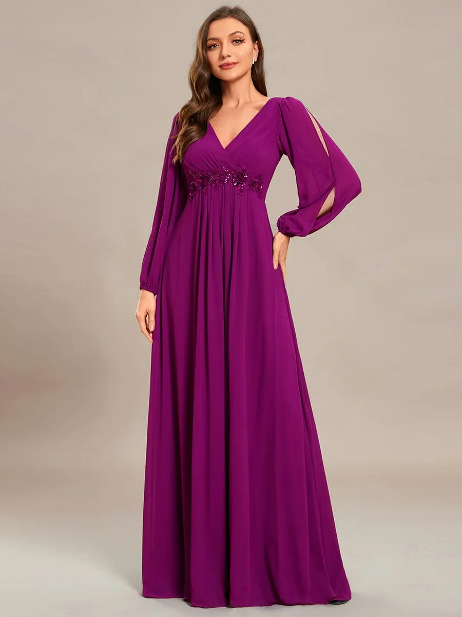 Iris | Elegant Chiffon V-Neckline Long Sleeve Wedding Guest Dress