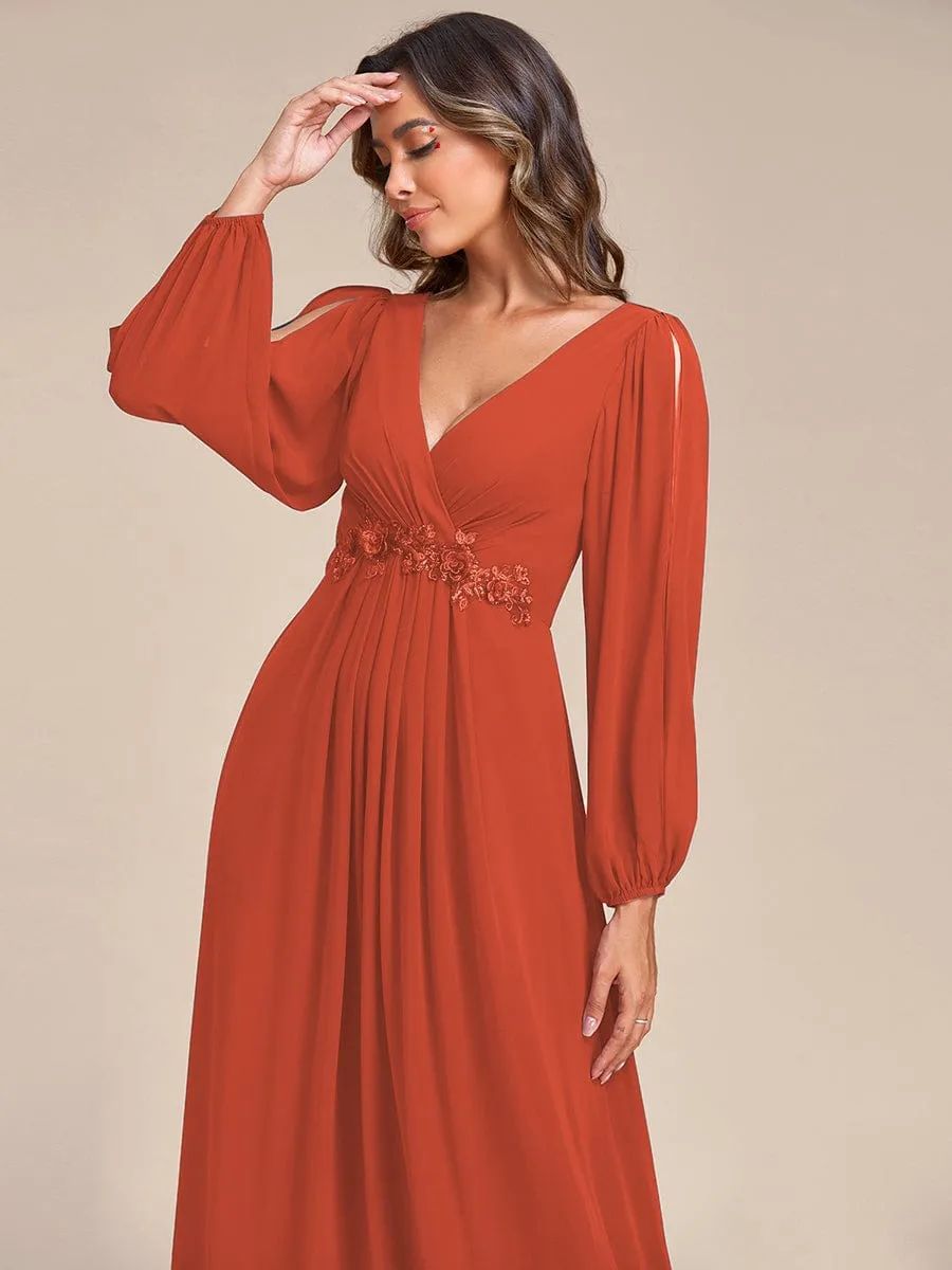 Iris | Elegant Chiffon V-Neckline Long Sleeve Wedding Guest Dress