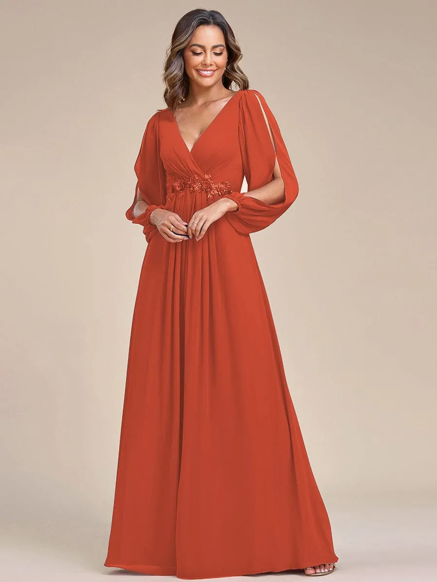 Iris | Elegant Chiffon V-Neckline Long Sleeve Wedding Guest Dress