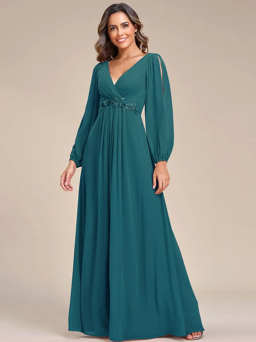 Iris | Elegant Chiffon V-Neckline Long Sleeve Wedding Guest Dress