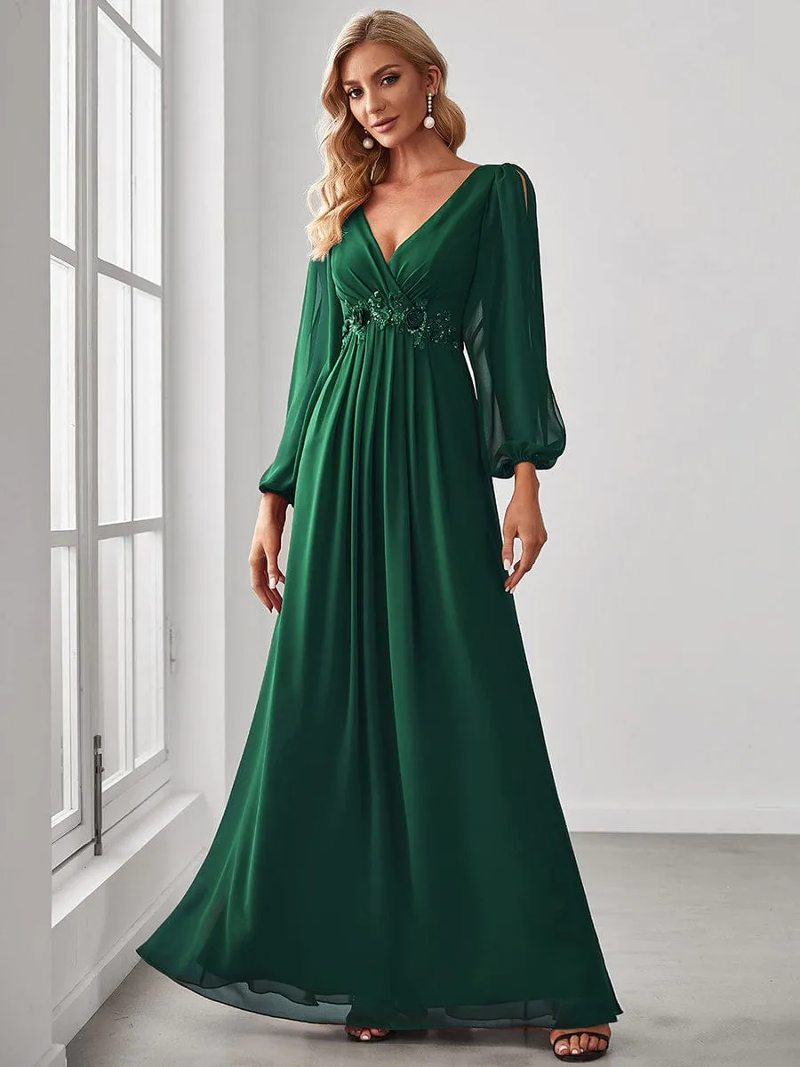 Iris | Elegant Chiffon V-Neckline Long Sleeve Wedding Guest Dress