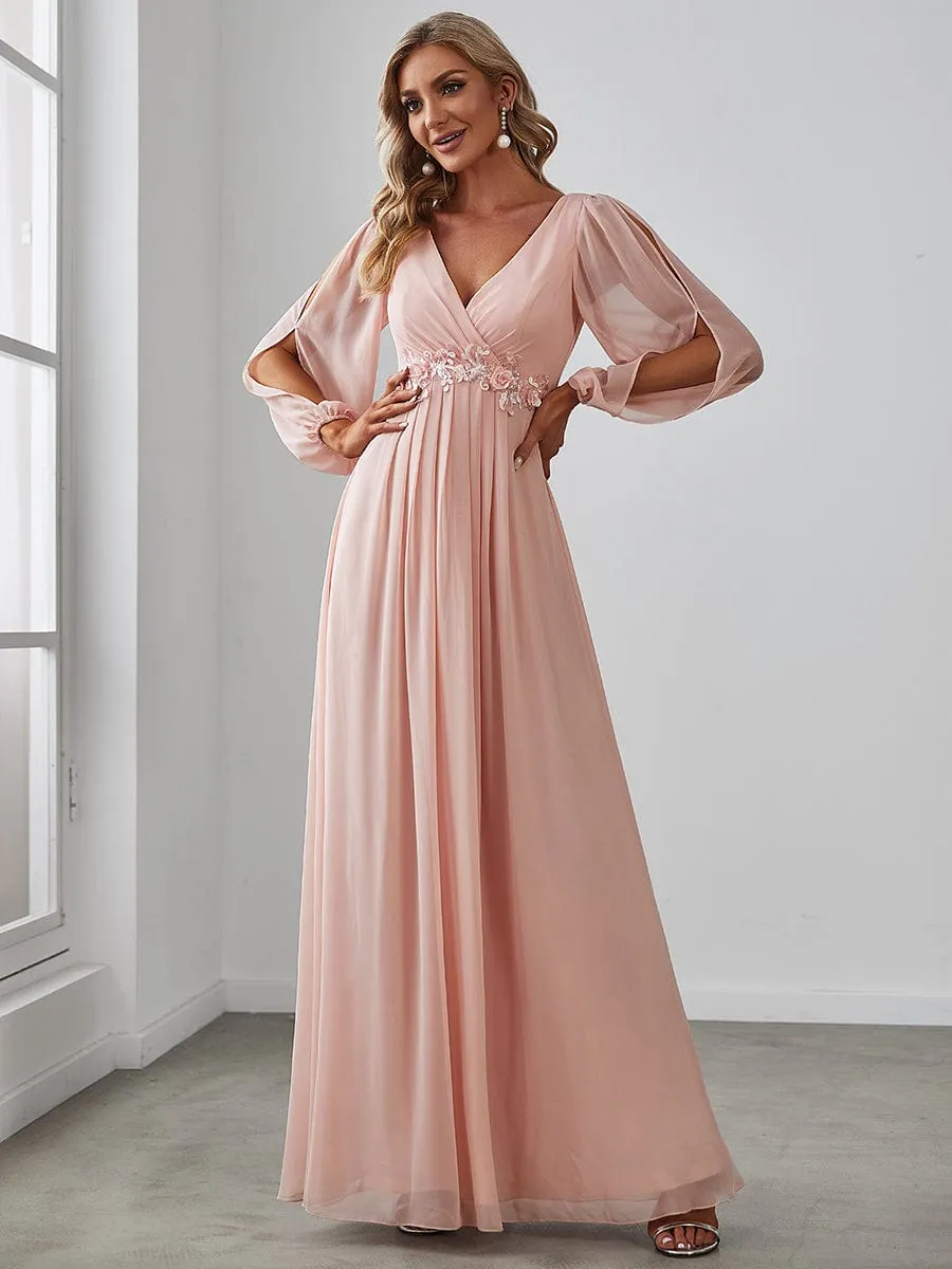 Iris | Elegant Chiffon V-Neckline Long Sleeve Wedding Guest Dress