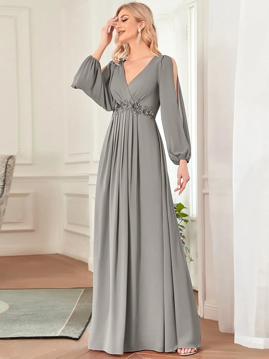 Iris | Elegant Chiffon V-Neckline Long Sleeve Wedding Guest Dress