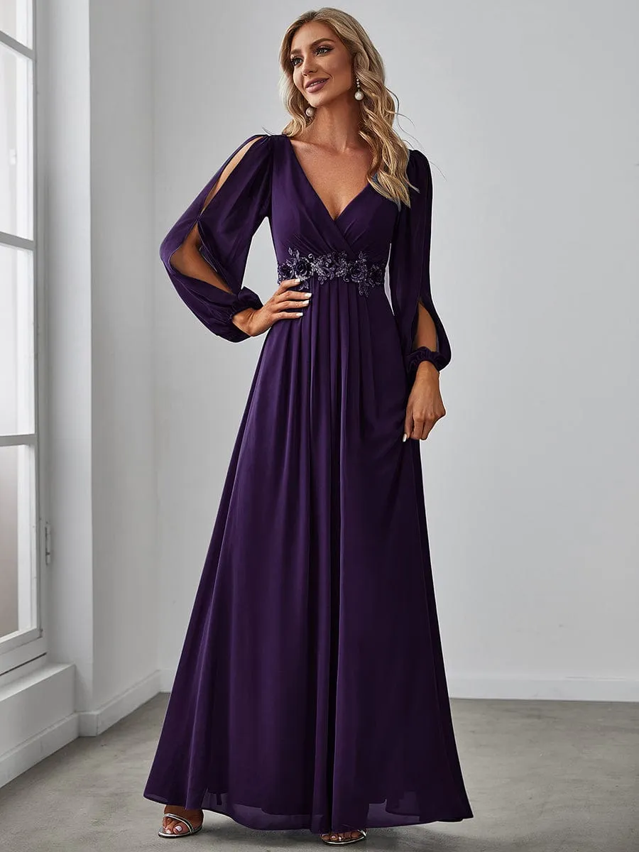 Iris | Elegant Chiffon V-Neckline Long Sleeve Wedding Guest Dress