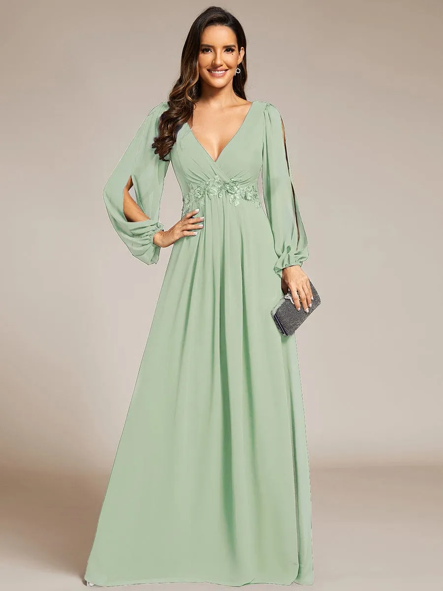 Iris | Elegant Chiffon V-Neckline Long Sleeve Wedding Guest Dress