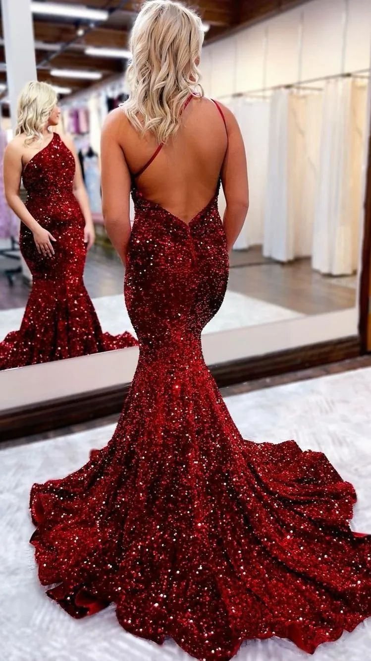 Jessica |Mermaid One Shoulder Sequins Backless Prom Dress