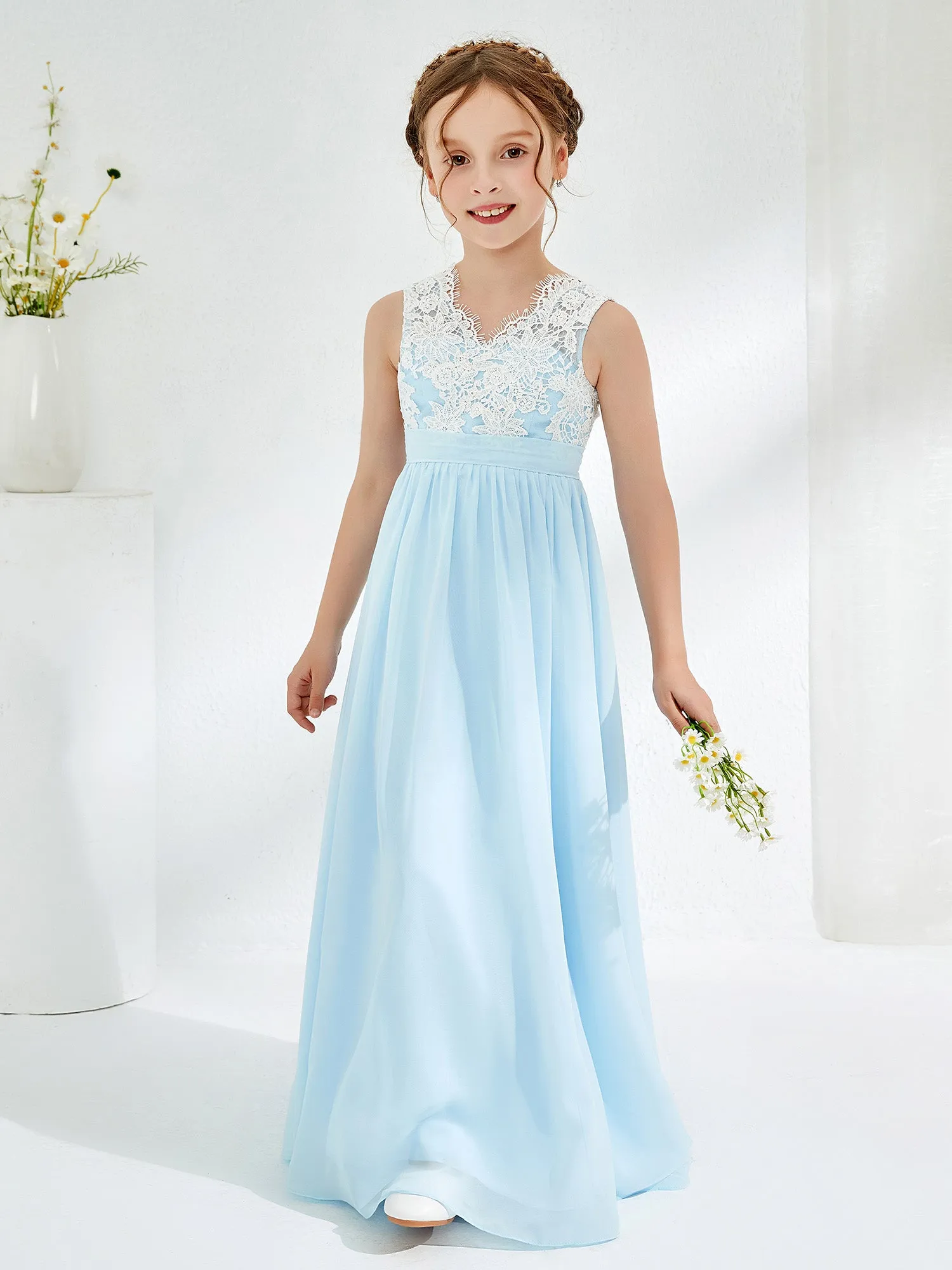 Lace Top Junior Bridesmaid Dresses Sky Blue