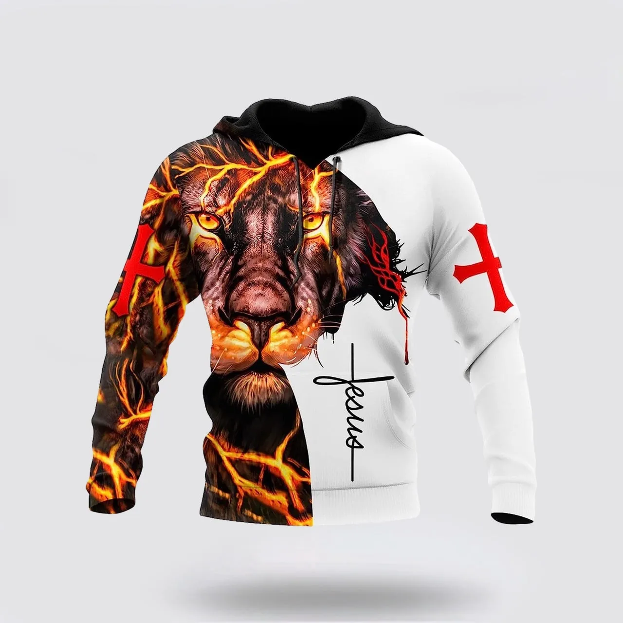 Lightning Lion And Jesus Cross 3d Hoodies For Women Men - Christian Apparel Hoodies