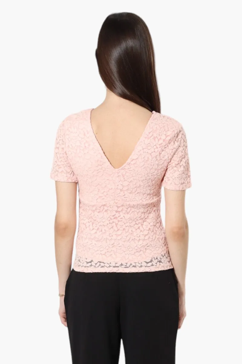 Limite Lace V-Neck Short Sleeve Shirt - Pink