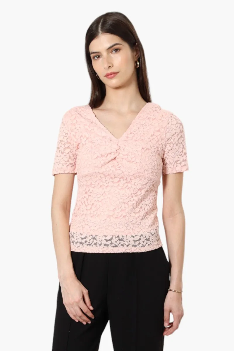 Limite Lace V-Neck Short Sleeve Shirt - Pink