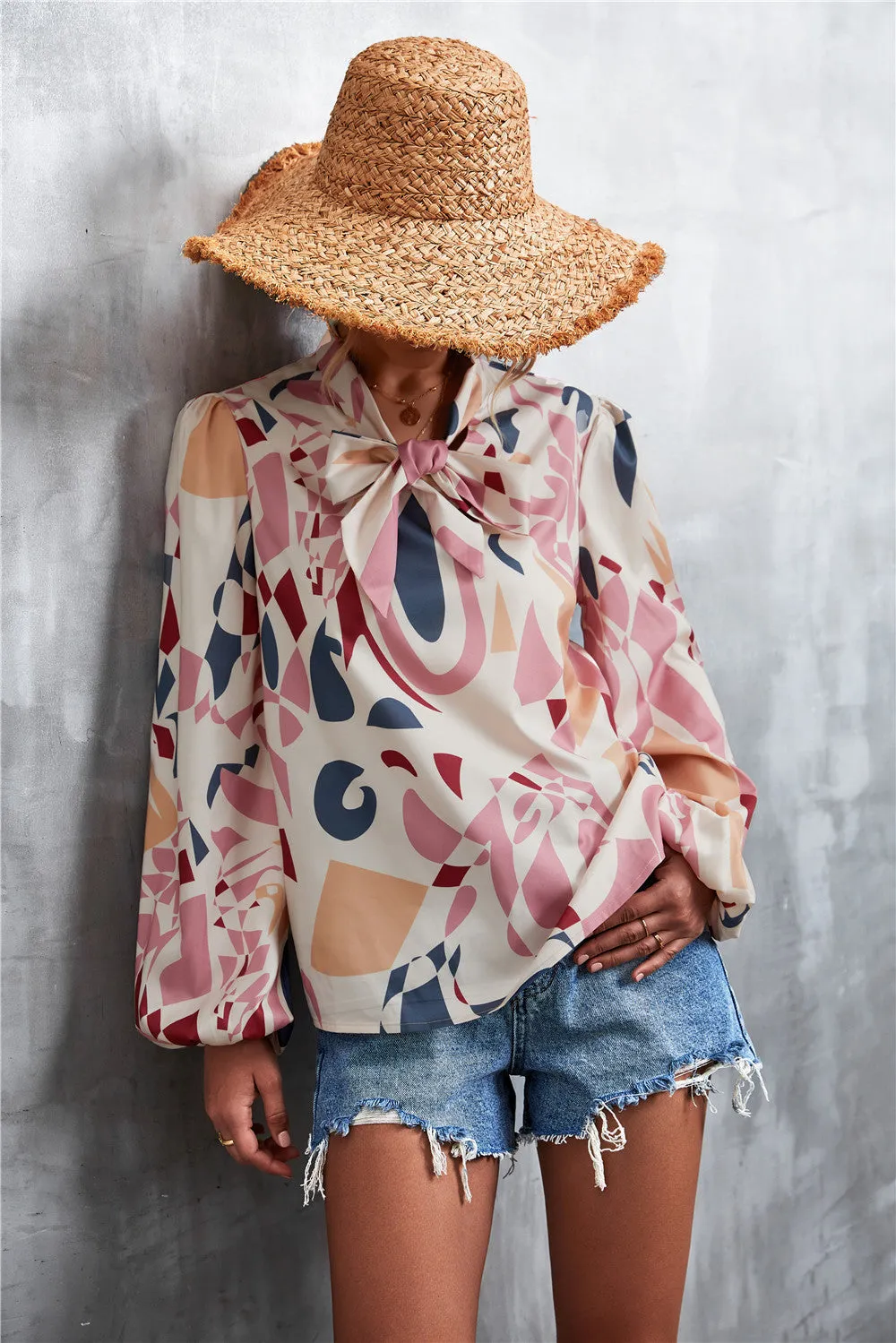 Printed Tie Neck Puff Sleeve Blouse