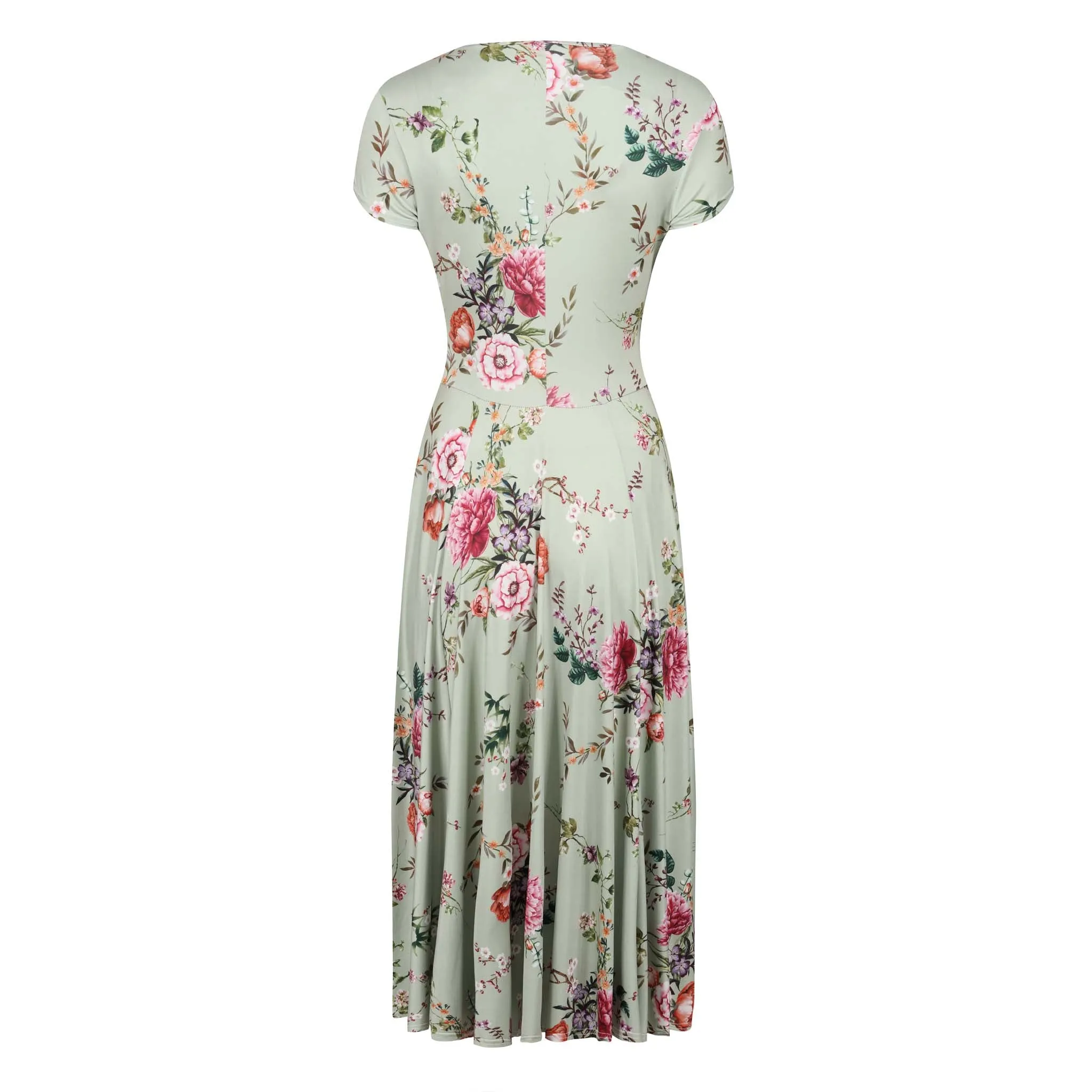 Sage Green Floral Print Cap Sleeve V Neck Wrap Top Swing Dress