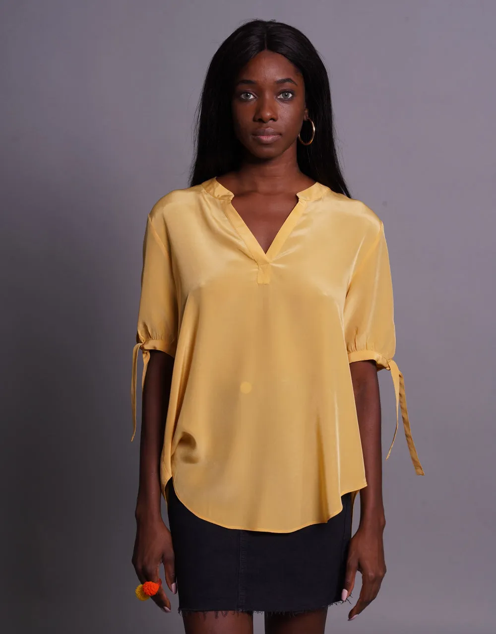 Silk Blouse with Tassel Ties in Yellow