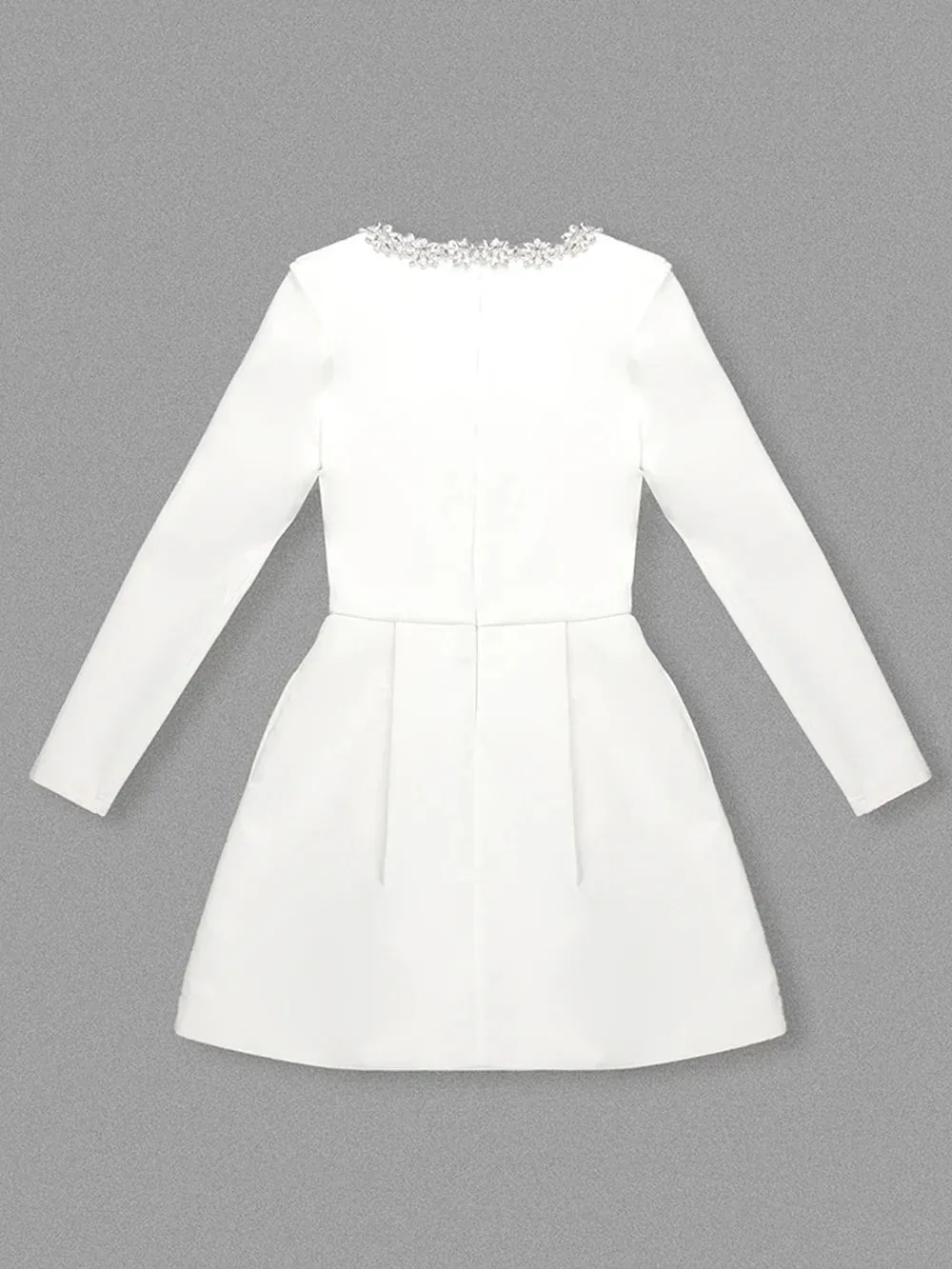 Square Collar Diamond Long Graceful Sleeves White Mini Dress