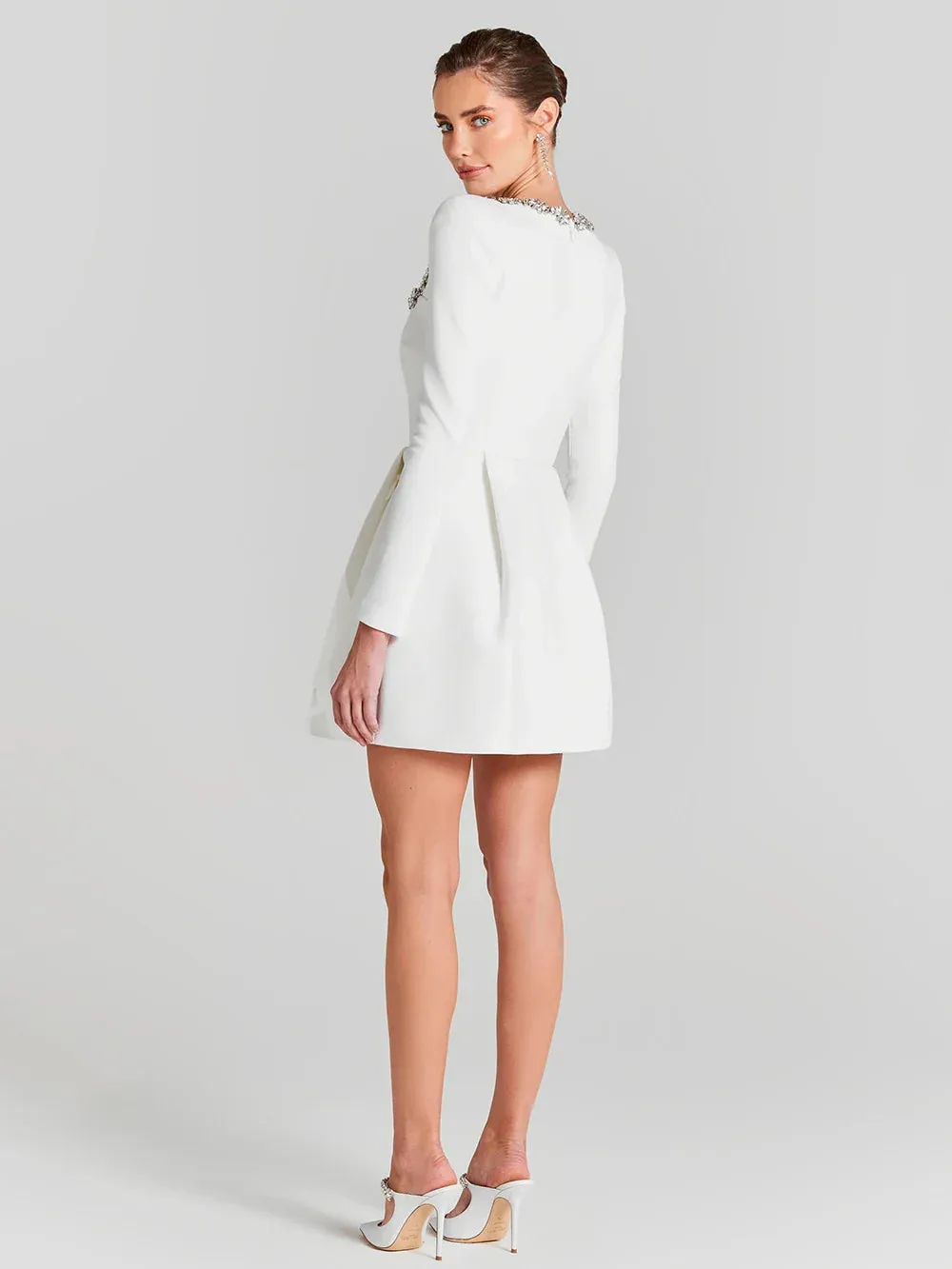 Square Collar Diamond Long Graceful Sleeves White Mini Dress