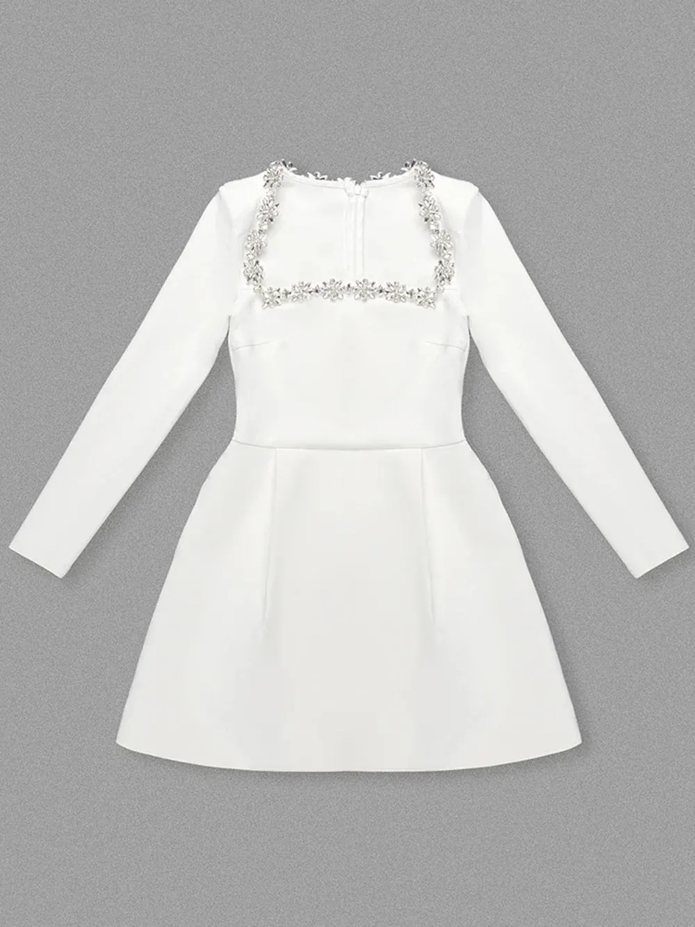 Square Collar Diamond Long Graceful Sleeves White Mini Dress