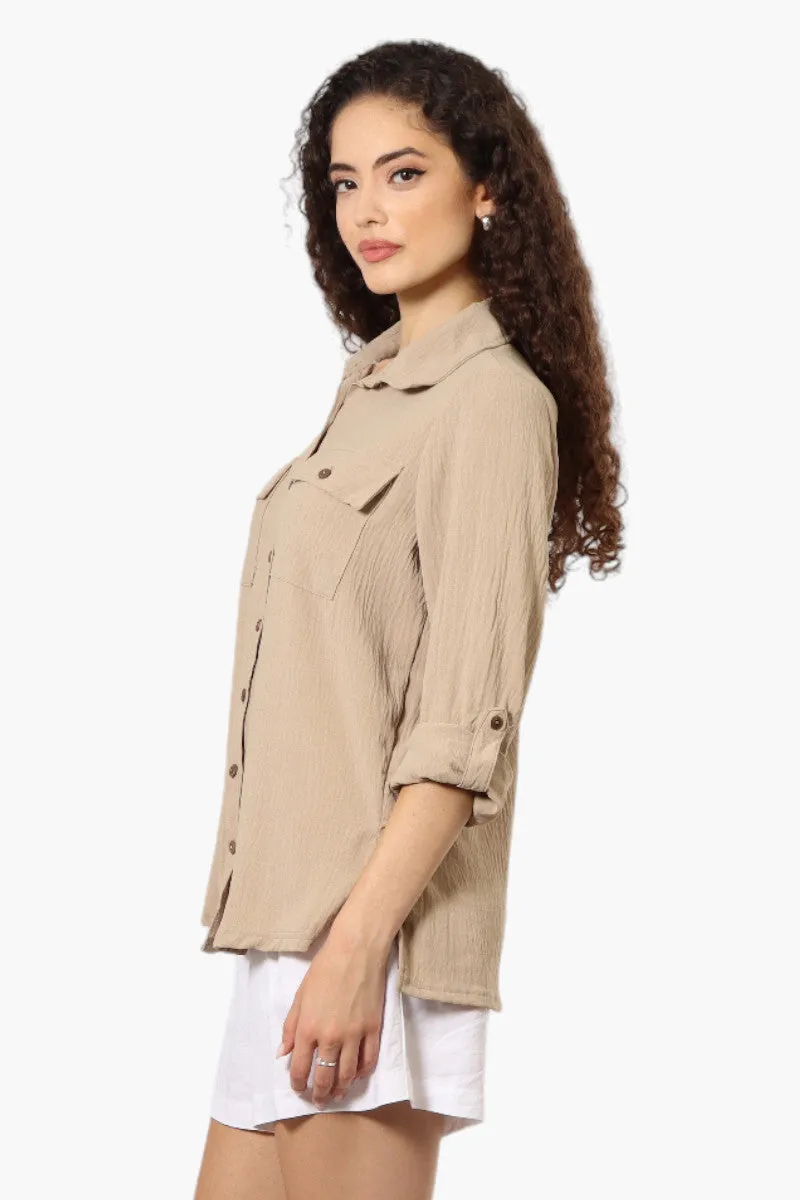 Urbanology Roll Up Sleeve Button Down Shirt - Beige