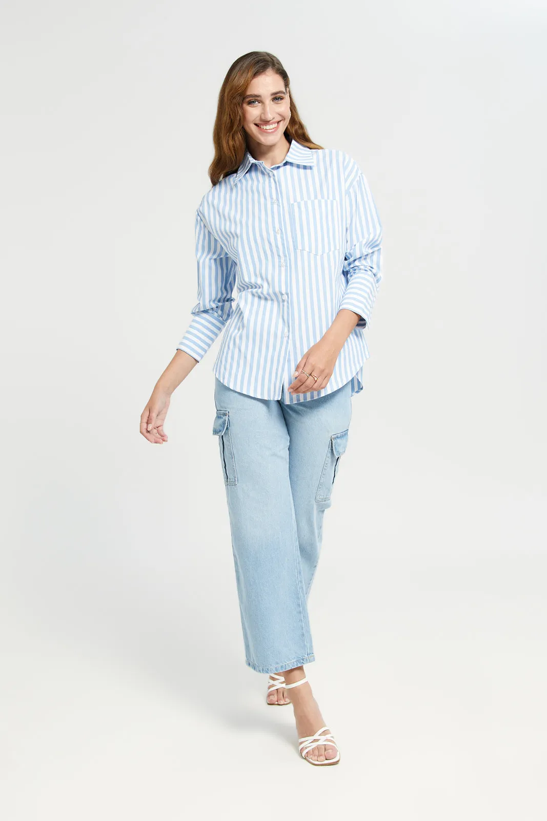 Women Blue Stripe Oversize Shirt