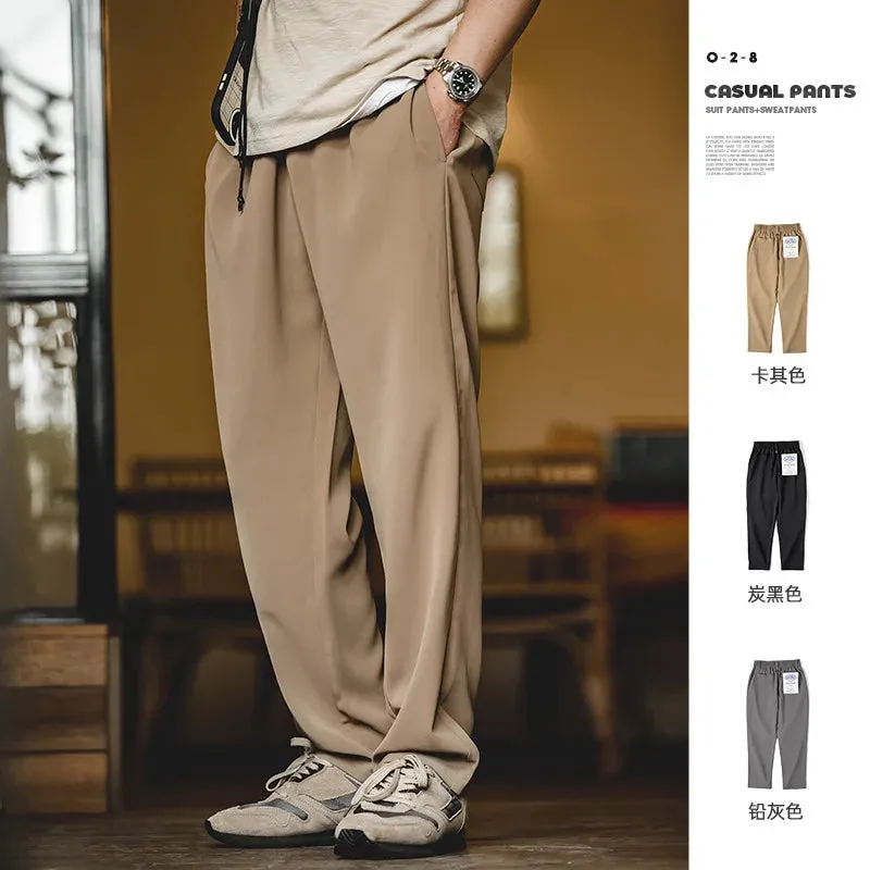 Workwear Khaki Drape Casual Pants with Elastic Waist - Straight Suit Pants